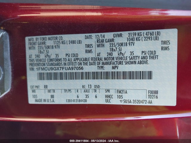 Ford ESCAPE SE 2015 1FMCU9GX7FUA97056 Image 9