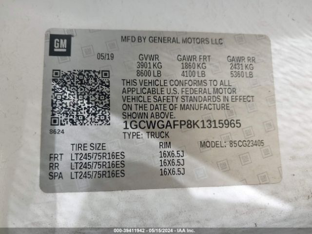 1GCWGAFP8K1315965 Chevrolet Express 2500 Work Van