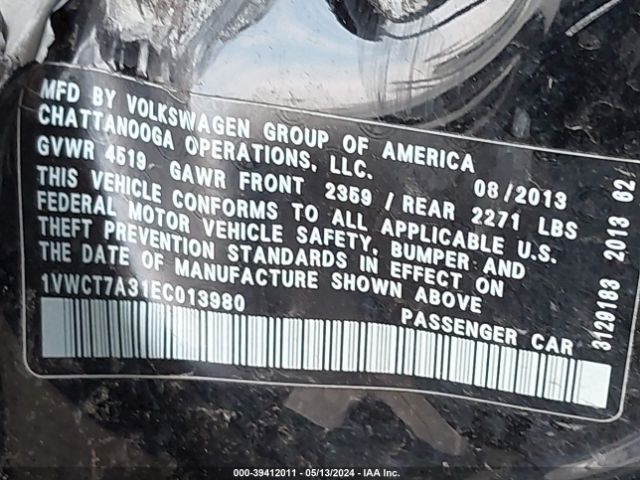 1VWCT7A31EC013980 Volkswagen Passat 1.8t Sel Premium