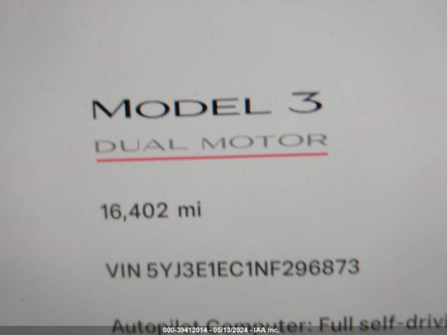 5YJ3E1EC1NF296873 Tesla Model 3 Performance Dual Motor All-wheel Drive