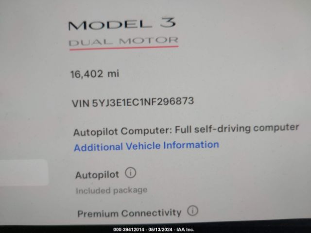 5YJ3E1EC1NF296873 Tesla Model 3 Performance Dual Motor All-wheel Drive
