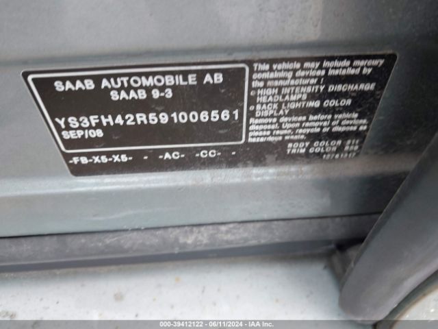 2009 SAAB 9-3 YS3FH42R591006561 Photo 8