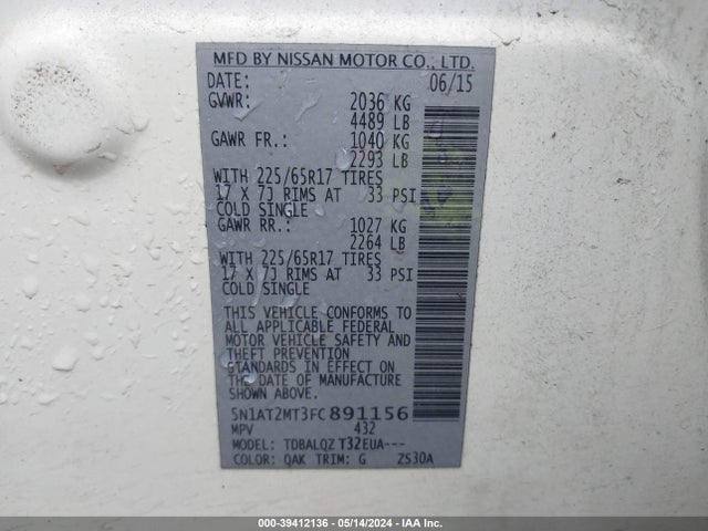 Nissan ROGUE SV 2015 5N1AT2MT3FC891156 Image 9
