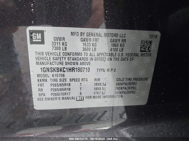Chevrolet Tahoe Lt 2017 1GNSKBKC1HR180710 Image 9