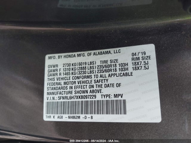 Honda Odyssey Ex-l 2019 5FNRL6H7XKB097229 Image 9