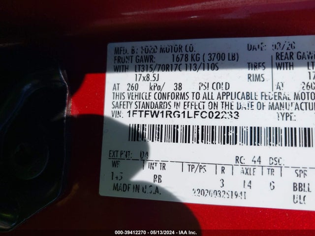 Ford F-150 Raptor 2020 1FTFW1RG1LFC02233 Image 9
