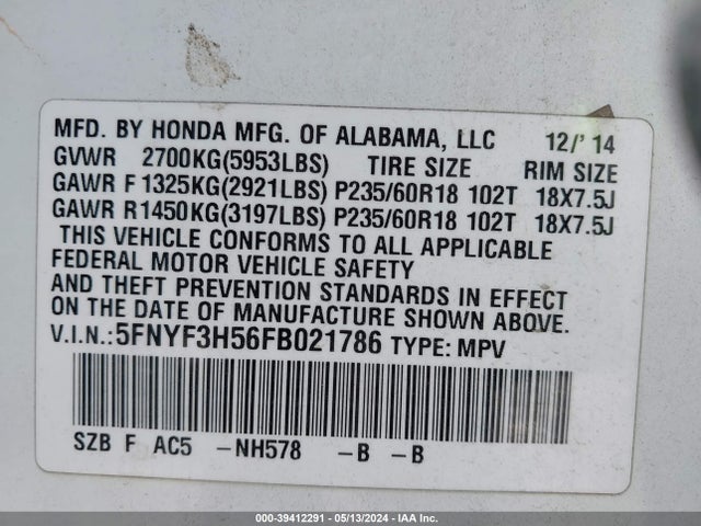 Honda Pilot Ex-l 2015 5FNYF3H56FB021786 Image 9