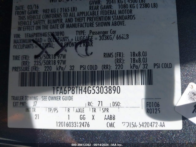 Ford Mustang Ecoboost 2016 1FA6P8TH4G5303890 Image 9