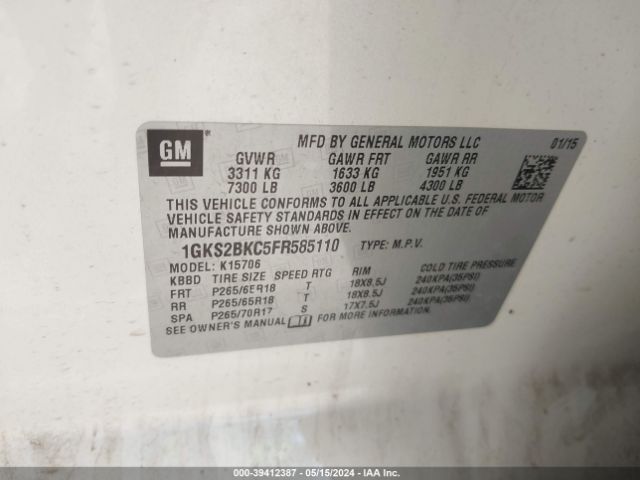 1GKS2BKC5FR585110 GMC YUKON SLT