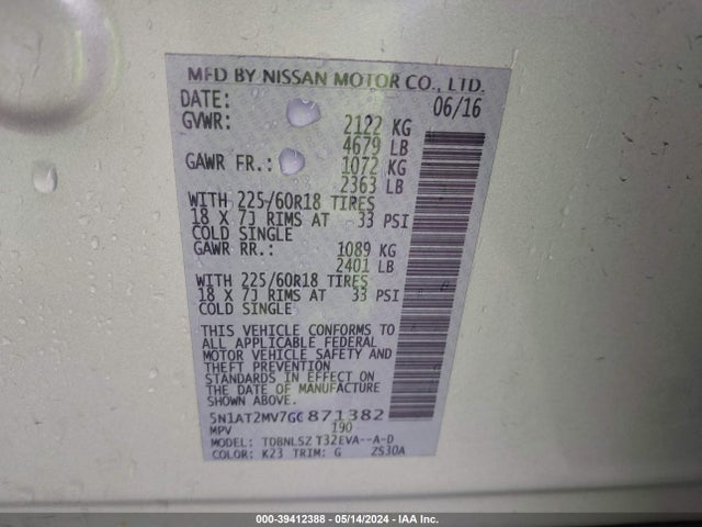 Nissan Rogue Sl 2016 5N1AT2MV7GC871382 Image 9