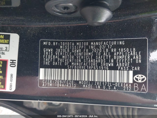 Toyota COROLLA SE 2017 5YFBURHE1HP651916 Image 9