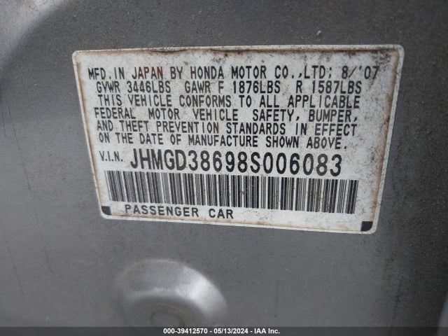 2008 Honda Fit Sport მანქანა იყიდება აუქციონზე, vin: JHMGD38698S006083, აუქციონის ნომერი: 39412570