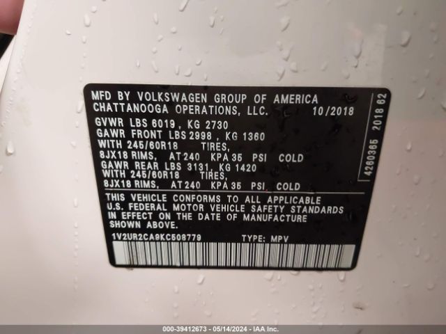 1V2UR2CA9KC508779 Volkswagen Atlas 3.6l V6 Se W/technology
