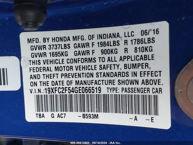 Honda Civic Lx 2016 19XFC2F54GE066519 Image 9