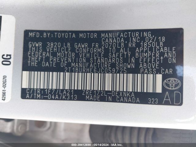 2T1BURHE6JC059725 Toyota Corolla Xle