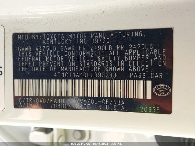 Toyota CAMRY LE 2020 4T1C11AK0LU393233 Image 9
