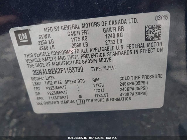 Chevrolet EQUINOX 1LT 2015 2GNALBEK2F1153730 Image 9