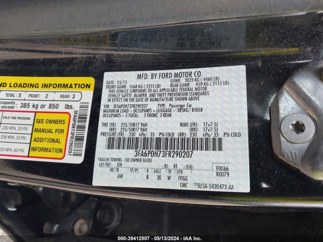 Ford FUSION SE 2015 3FA6P0H73FR290207 Image 9