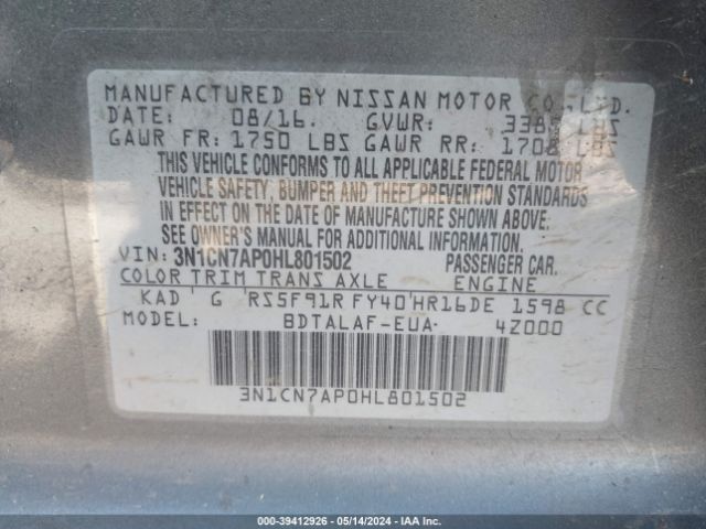 3N1CN7AP0HL801502 Nissan Versa 1.6 S