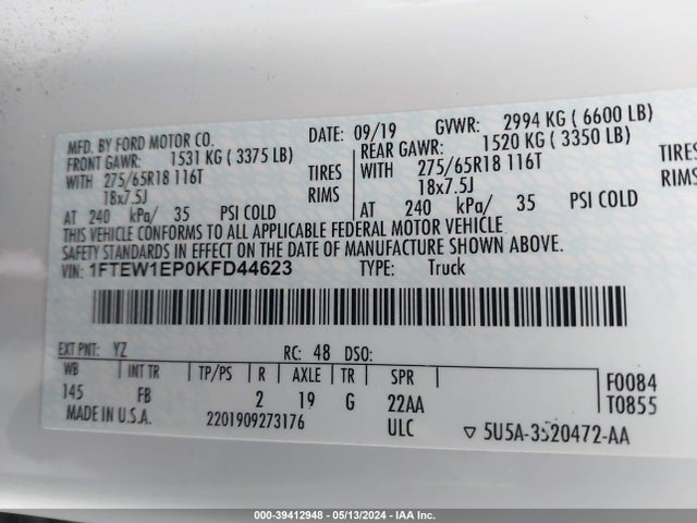 Ford F-150 Xlt 2019 1FTEW1EP0KFD44623 Image 9