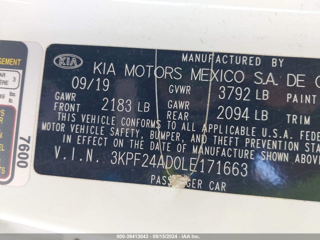 Продажа на аукционе авто 2020 Kia Forte Fe, vin: 3KPF24AD0LE171663, номер лота: 39413043
