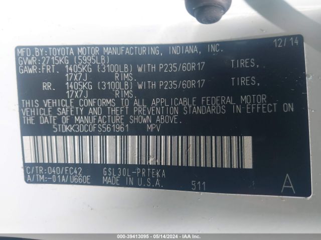 5TDKK3DC0FS561961 Toyota Sienna Le 8 Passenger