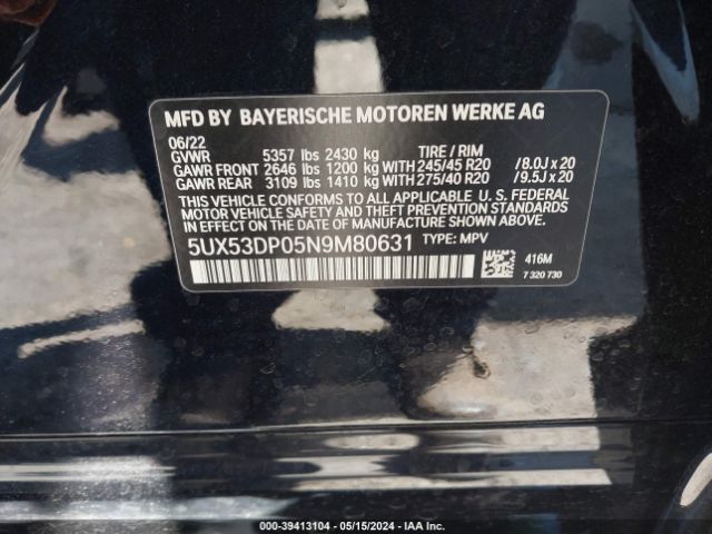 5UX53DP05N9M80631 BMW X3 Xdrive30i