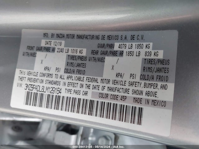 Mazda Mazda3 Preferred Package 2020 3MZBPADL8LM129164 Image 9