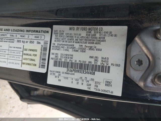 Ford FUSION SE 2014 3FA6P0H9XER344408 Image 9