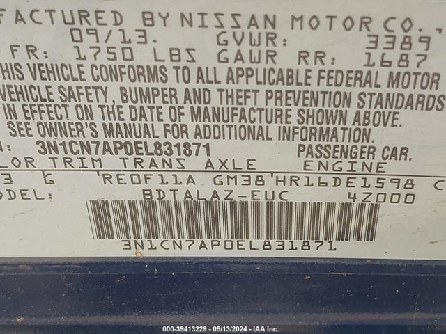 Nissan Versa 1.6 S+ 2014 3N1CN7AP0EL831871 Image 9