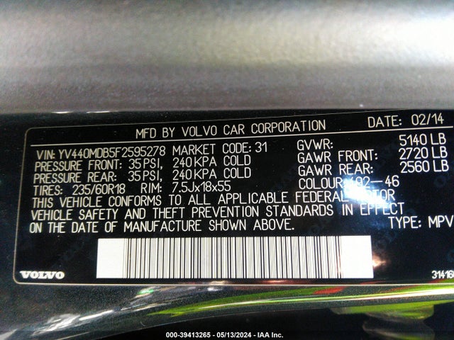 YV440MDB5F2595278 Volvo Xc60 T5 Premier