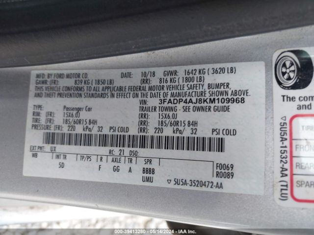 3FADP4AJ8KM109968 Ford FIESTA S