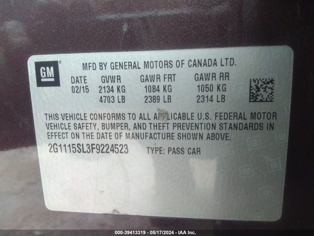 Chevrolet IMPALA 1LT 2015 2G1115SL3F9224523 Image 9