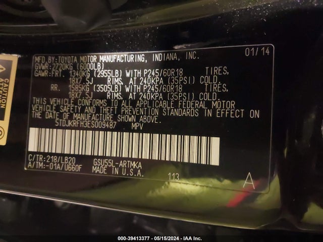 Toyota Highlander Xle V6 2014 5TDJKRFH3ES009487 Image 9
