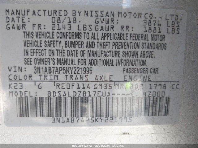 Nissan SENTRA SV 2019 3N1AB7AP5KY221995 Image 9