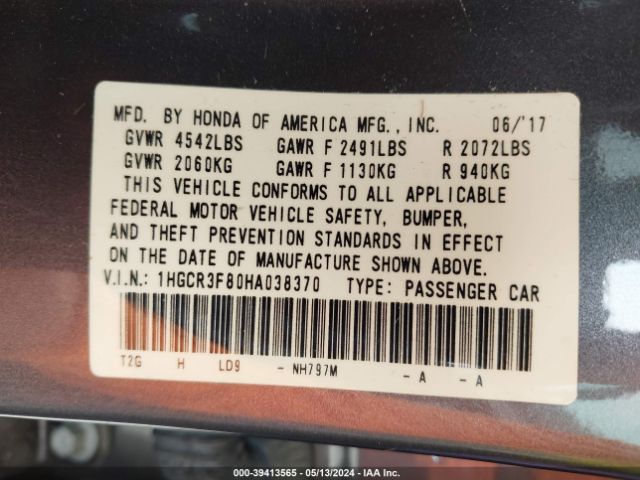 1HGCR3F80HA038370 Honda Accord Ex-l V6