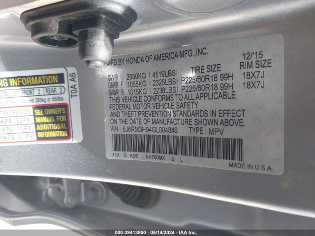 Honda Cr-v Touring 2016 5J6RM3H94GL004846 Image 9