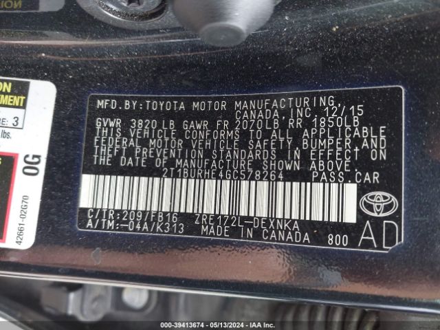 2T1BURHE4GC578264 Toyota Corolla Le Plus
