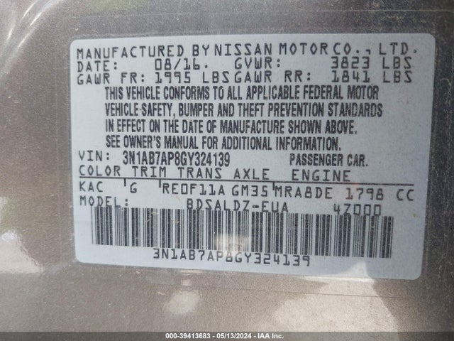 Nissan SENTRA SV 2016 3N1AB7AP8GY324139 Image 9