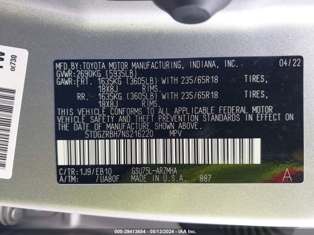 Toyota Highlander Xle 2022 5TDGZRBH7NS216220 Image 9
