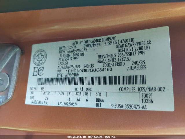 Ford ESCAPE SE 2016 1FMCU0G93GUC84163 Image 9