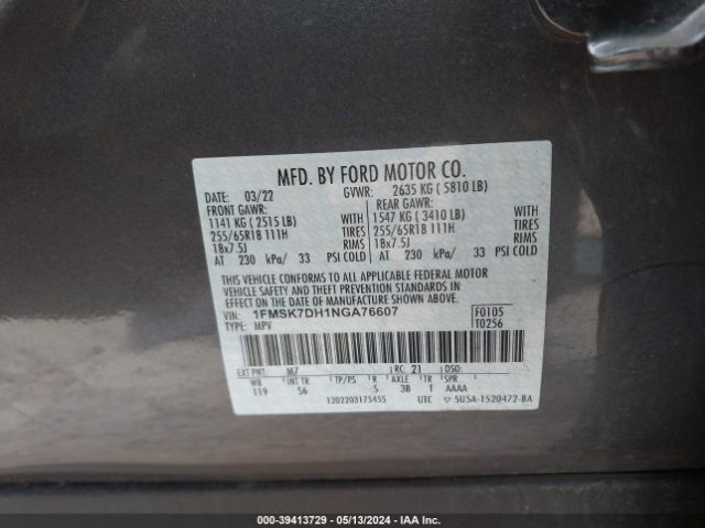1FMSK7DH1NGA76607 Ford EXPLORER XLT