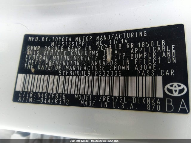 Toyota COROLLA LE 2015 5YFBURHE9FP232306 Image 9