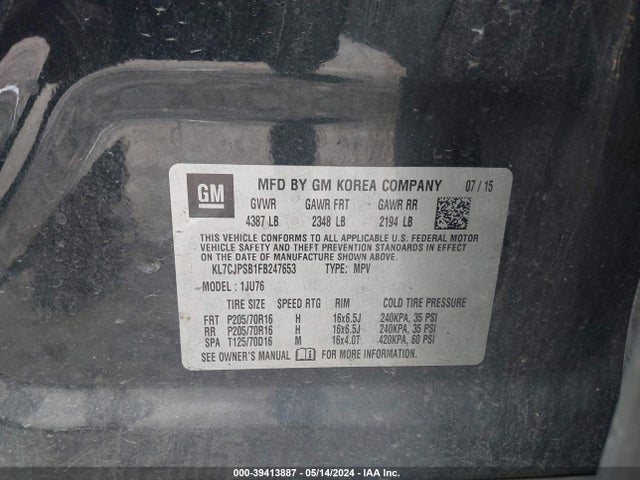 Chevrolet Trax 1ls 2015 KL7CJPSB1FB247653 Image 9