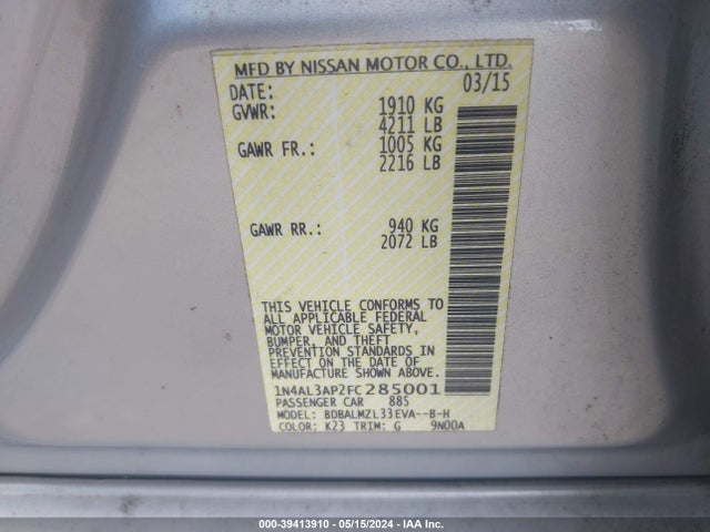Nissan Altima 2.5 Sv 2015 1N4AL3AP2FC285001 Image 9