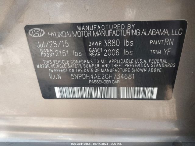 5NPDH4AE2GH734681 Hyundai ELANTRA SE