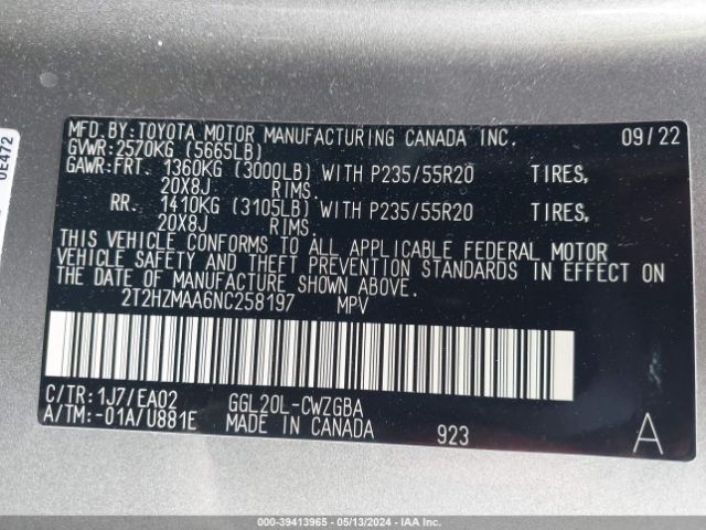 2T2HZMAA6NC258197 Lexus RX 350