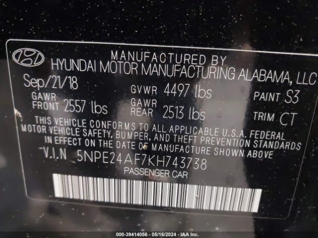 5NPE24AF7KH743738 Hyundai SONATA SE