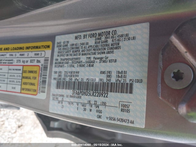 Ford FUSION SE 2020 3FA6P0HD5LR220922 Image 9
