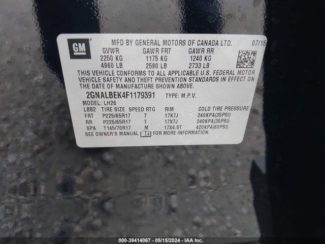 Chevrolet EQUINOX 1LT 2015 2GNALBEK4F1179391 Image 9